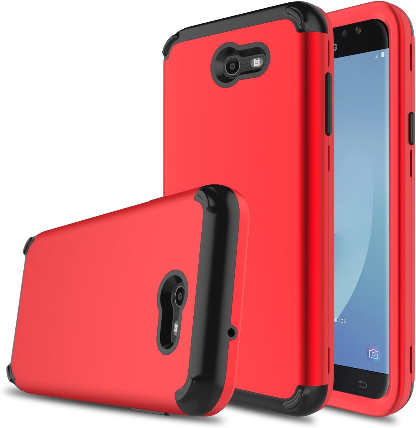 DONWELL Galaxy J7 2017 Hybrid Three Layer Shockproof Protective Hard Armor Phone Case Cover Protector for Samsung Galaxy J7 Sky Pro / J7 Perx/SM-J727V / SM-J727P / SM-J730F (Red)