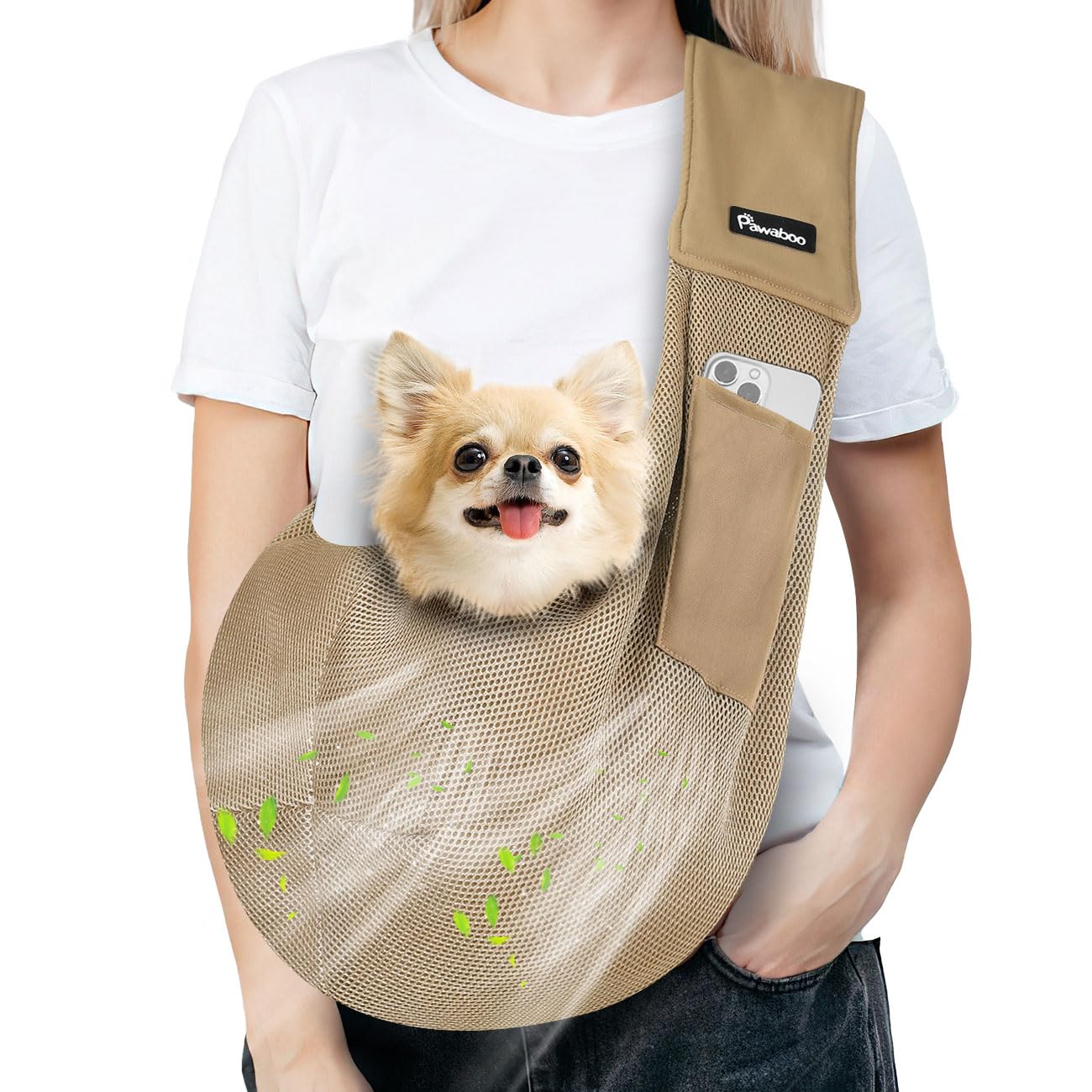 Photo 1 of Pawaboo Dog Sling Carrier for Small Dogs, Ultra-Breathable Dog Carrier Sling Up to 14lbs, Hand-Free Widened Strap Dog Purse for Cat & Puppy, Dog Pouch Carrier Built-in Safety Leash, Khaki