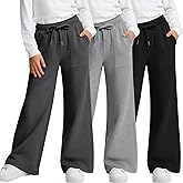 LessonZoo 3 Pack Girls' Sweatpants Wide Leg Drawstring Cargo Kids Joggers Open Bottom Loose Teen Pants with Pockets Sports