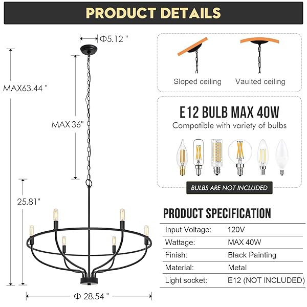 FOOKCHAK BLACK DINING ROOM LIGHT FIXTURE, 6-LIGHT FARMHOUSE BLACK CHANDELIER FOR BEDROOM METAL CANDLE CHANDELIERS HANGING LIGHTING FOR KITCHEN LIVING ROOM ENTRYWAY FOYER, 28.54IN