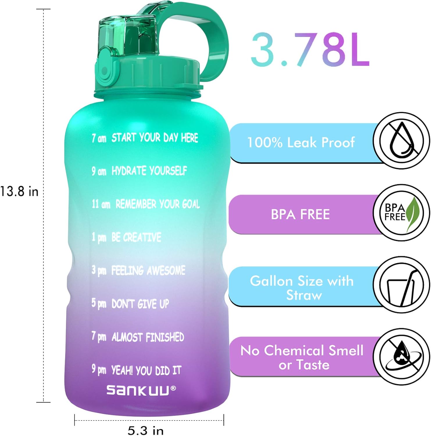 SANKUU Large 1 Gallon/128oz Gallon Water Bottle Motivational with Time Marker & Straw, Leakproof Water Jug Ensure You Drink Daily Water Throughout The Fitness Day (Purple/Blue Gradient): Home Improvement