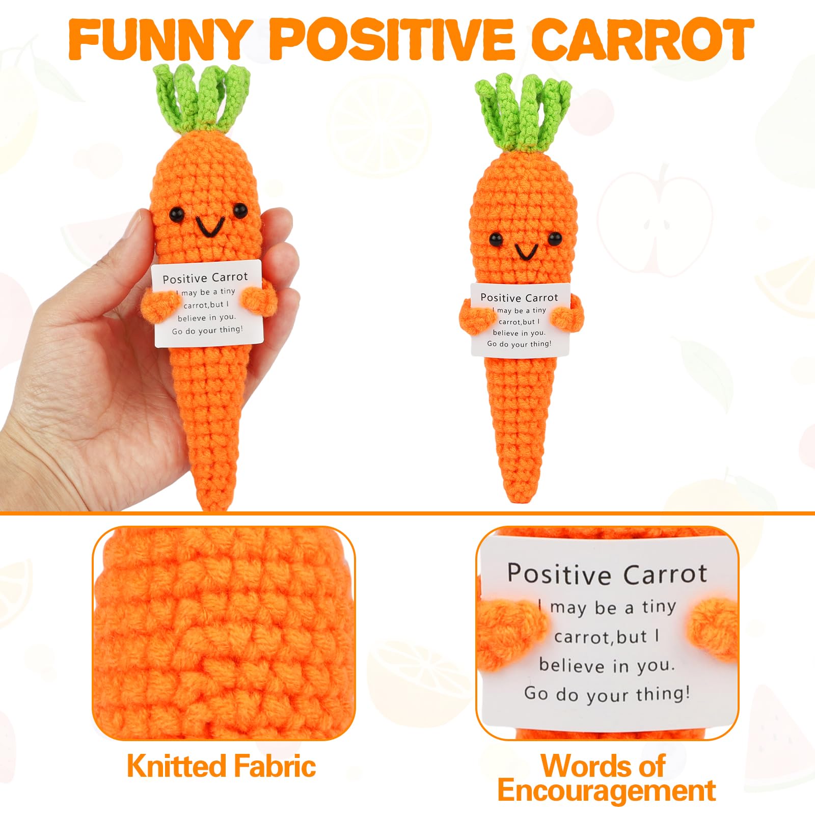 Hoedia Handmade Emotional Pickle Gift, Positive Cucumber Crochet Doll Inspirational Gifts with Cards, Cute Knitted Funny Support Pickle Potato Friend Birthday (Positive Carrot)