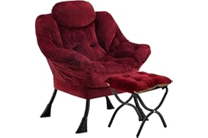 Congermom Lazy Chair with Folding Ottoman,Leisure Sofa Chair,Soft Fabric Armchair with Armrests and Side Pockets, Reading Chair with Footrest for Living Room, Bedroom, Office (Plush Red)