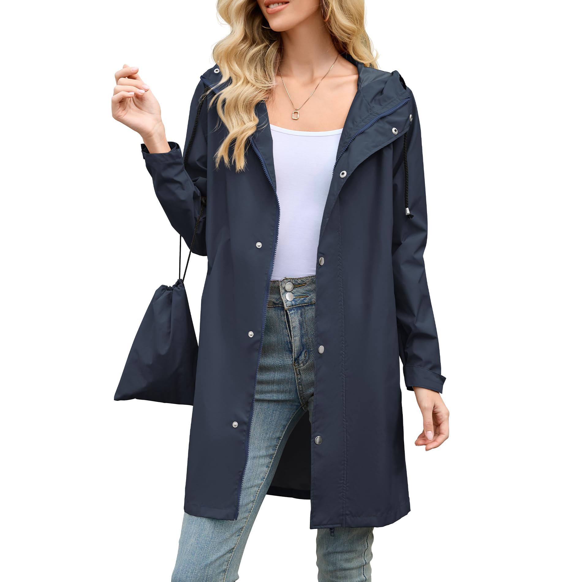 Photo 1 of American Trends Women Rain Jacket with Hood Waterproof Long Raincoat Lightweight Hooded Trench Coat Windbreaker Fall Jacket Navy Blue XL