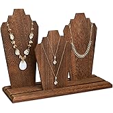 MOOCA Portable Lightweight Multiple Wooden Necklace Display Stand with 2-Row Holder, 3 Removable Displays, and Pegs on the Back, Brown Color