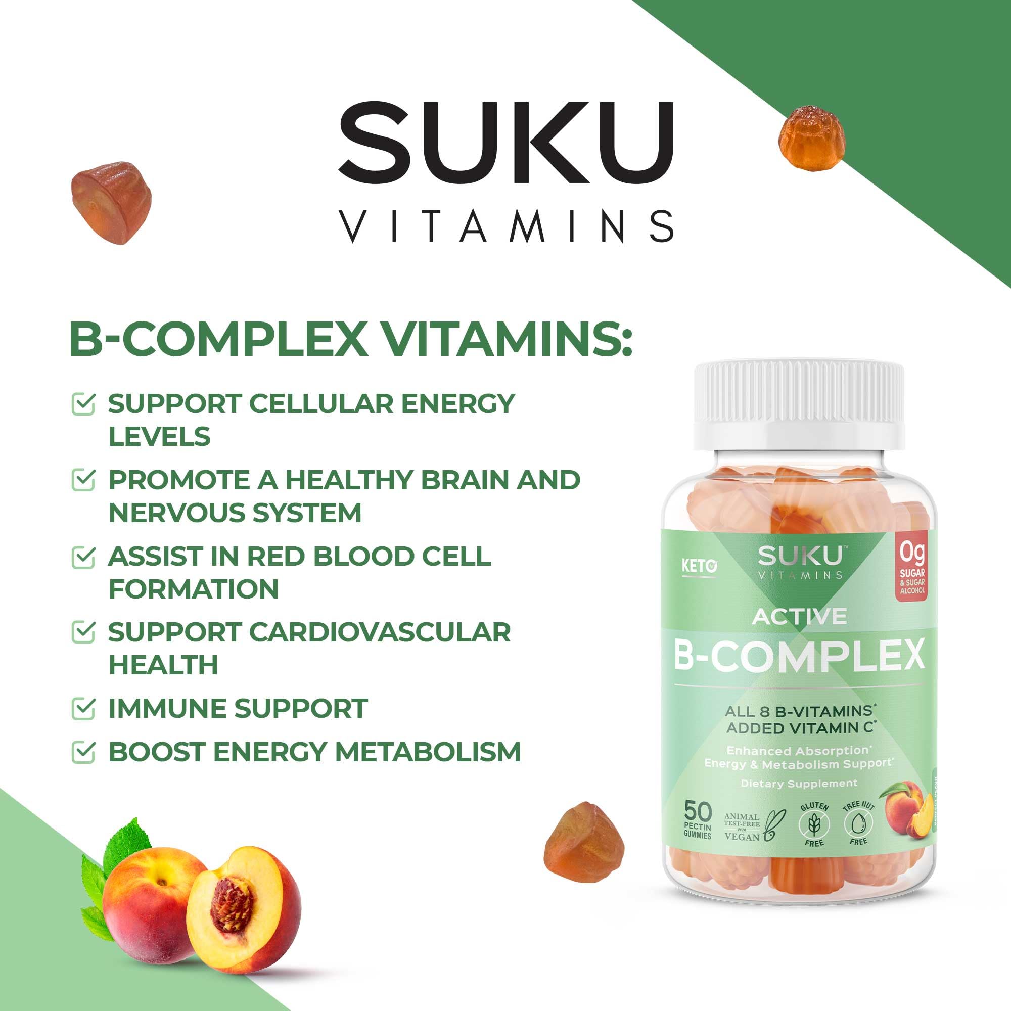 SUKU Vitamin B Complex Gummies with Vitamin C – Sugar Free Vegan 8 B Vitamins Complex Gummy Supplement Increases Cell Development, Improves Metabolism & Collagen Formation, Peach Flavour (50 Gummies)