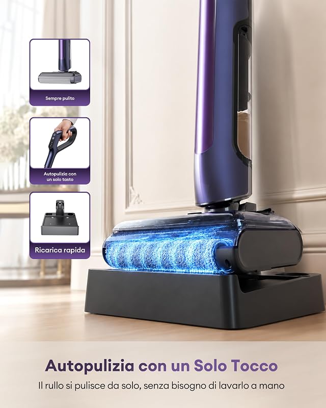 Aspirapolvere Lavapavimenti, Design Piatto a 180°, 0 mm Pulizia Bordi, Lavapavimenti Senza Fili 3-in-1, Autonomia 55 min, Auto-Pulizia, Anti-Groviglio, Assistente Vocale 5 Lingue