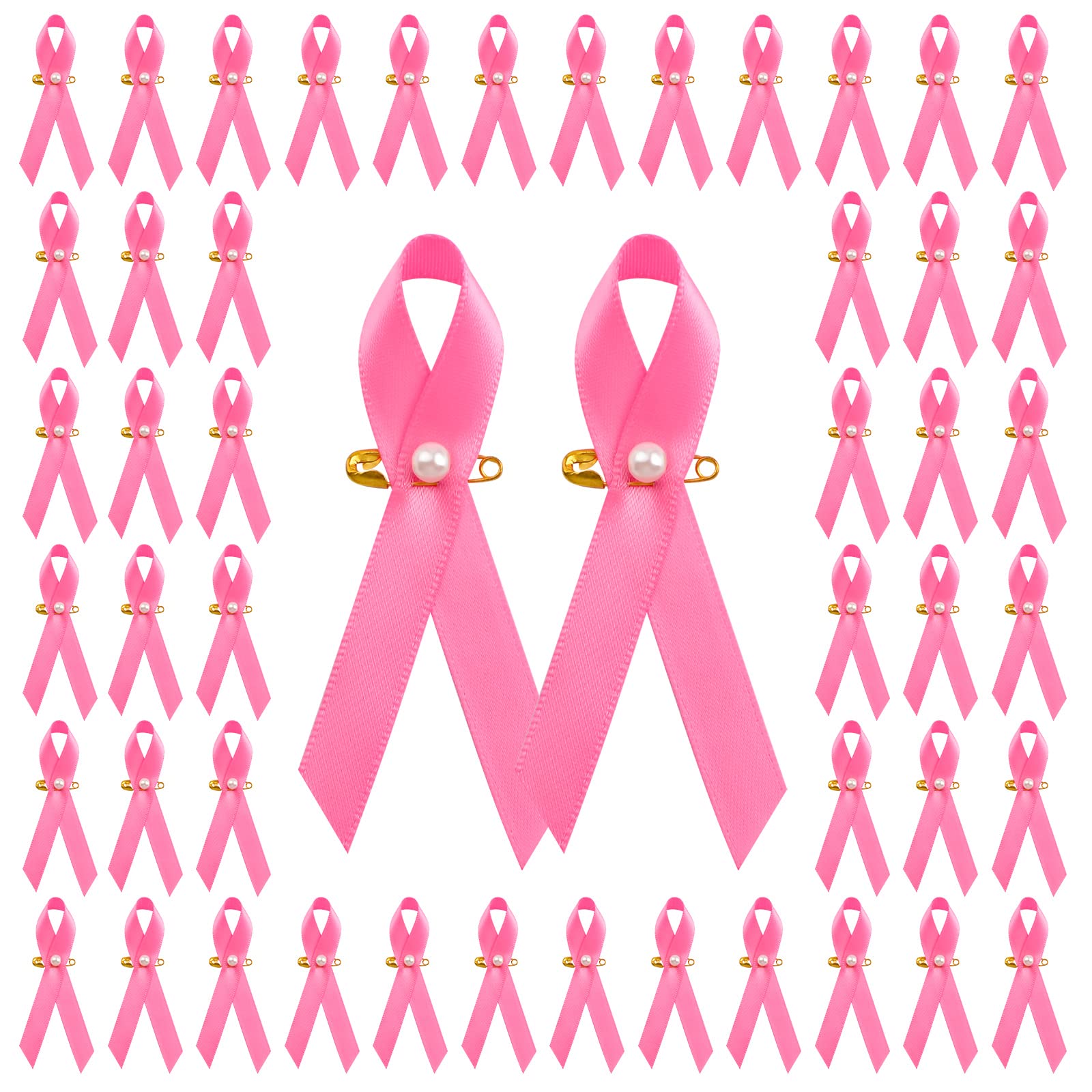 CRAFFANCY Pink Ribbons with Pearl, 100 Pcs Satin Pins Breast Cancer Awareness Ribbon Pins Pink Ribbon Brooch with Safety Pins for Decoration Party Event Supplies