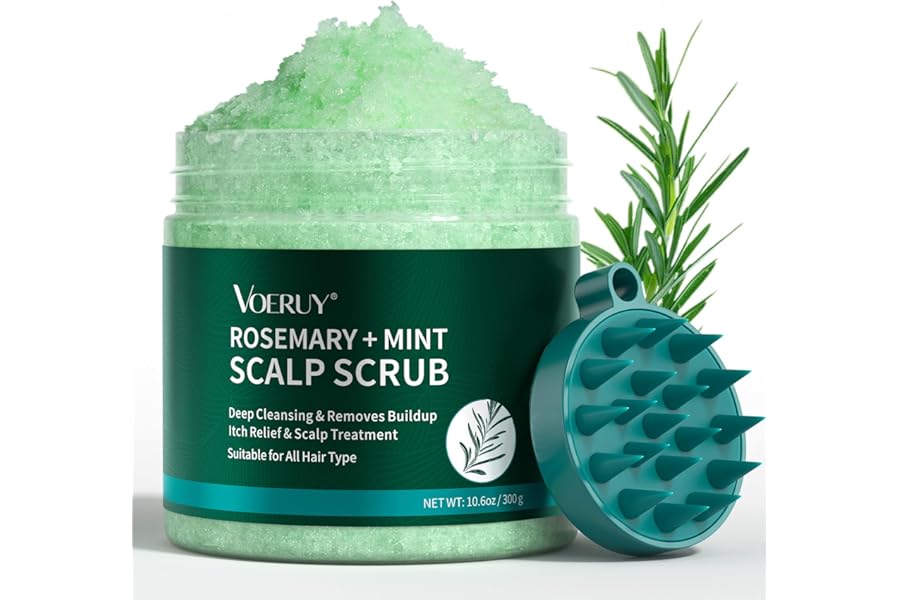 VOERUY Scalp Scrub, Rosemary Scalp Exfoliator Scrub Shampoo, 2-in-1 Scalp Treatment with Mint Oil, Hair Treatment to Clarify and Remove Build Up with Silicone Scalp Massager, 10.6oz/300g