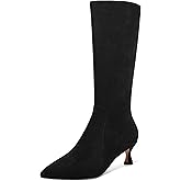 FEMSTEP Womens Sexy Suede Pointed Toe Party Zip Kitten Low Heel Knee High Boots 2 Inch