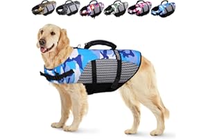 KOESON Dog Life Jacket, Camo Ripstop Dog Life Vest for Swimming, Reflective Pet Safety lifejacket for Dogs with Rescue Handle, Dog Life Preserver Swimsuit for Small Medium Large Dogs (Blue, M)