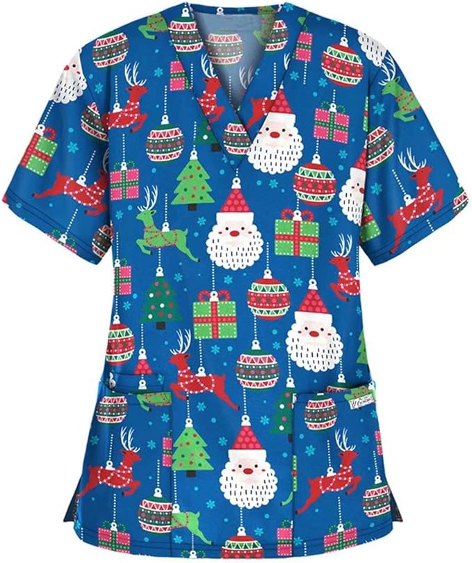 QT19 Women's Scrub Tops Holiday Scrubs Tops VNeck Short Sleeve