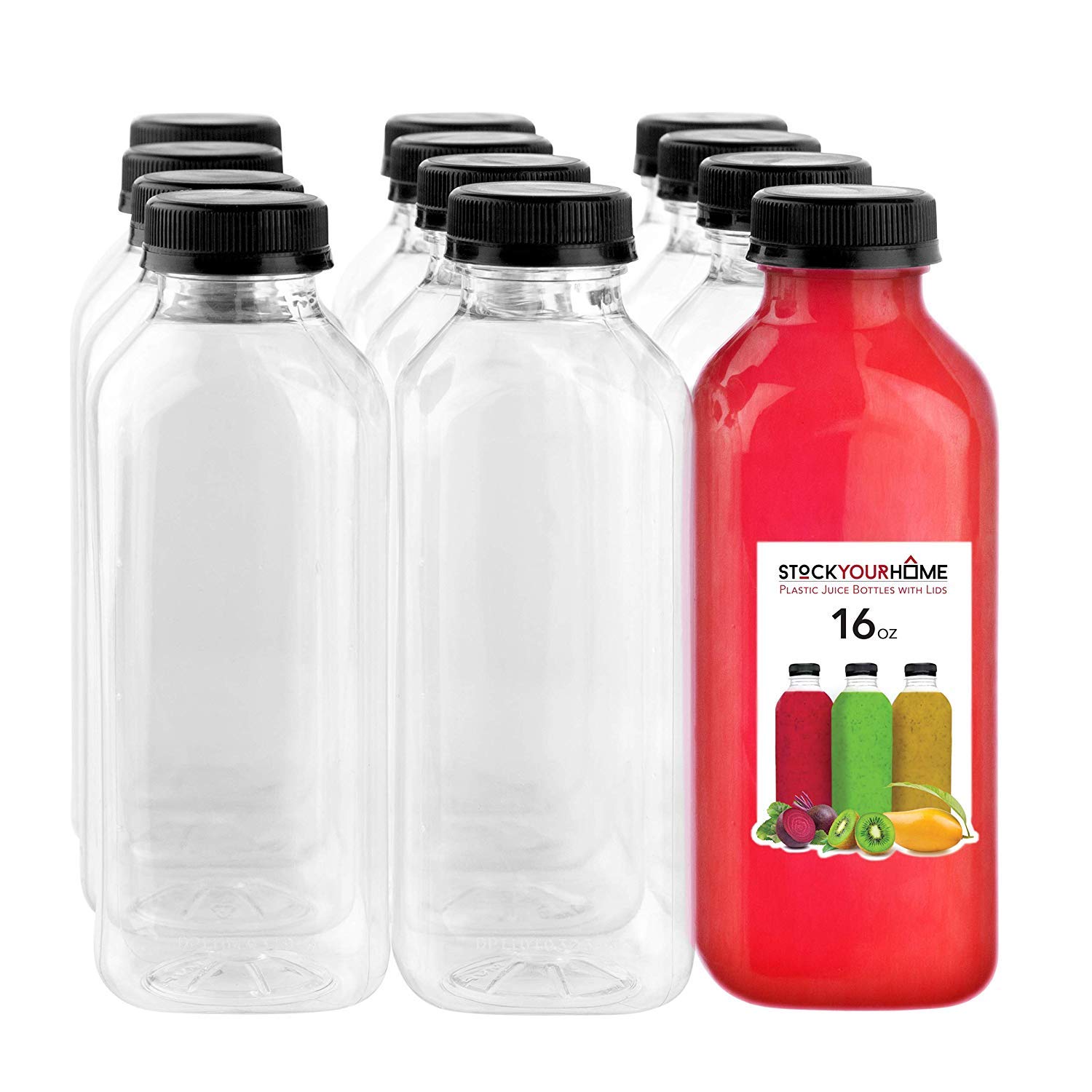 Clear Plastic Juice Bottles 16 Ounce Drink Containers 16 oz 12 Pack | Empty, Bulk, with Caps, for Juicing & Smoothies, Reusable, for Mini Fridge, Juicer Shots, Small