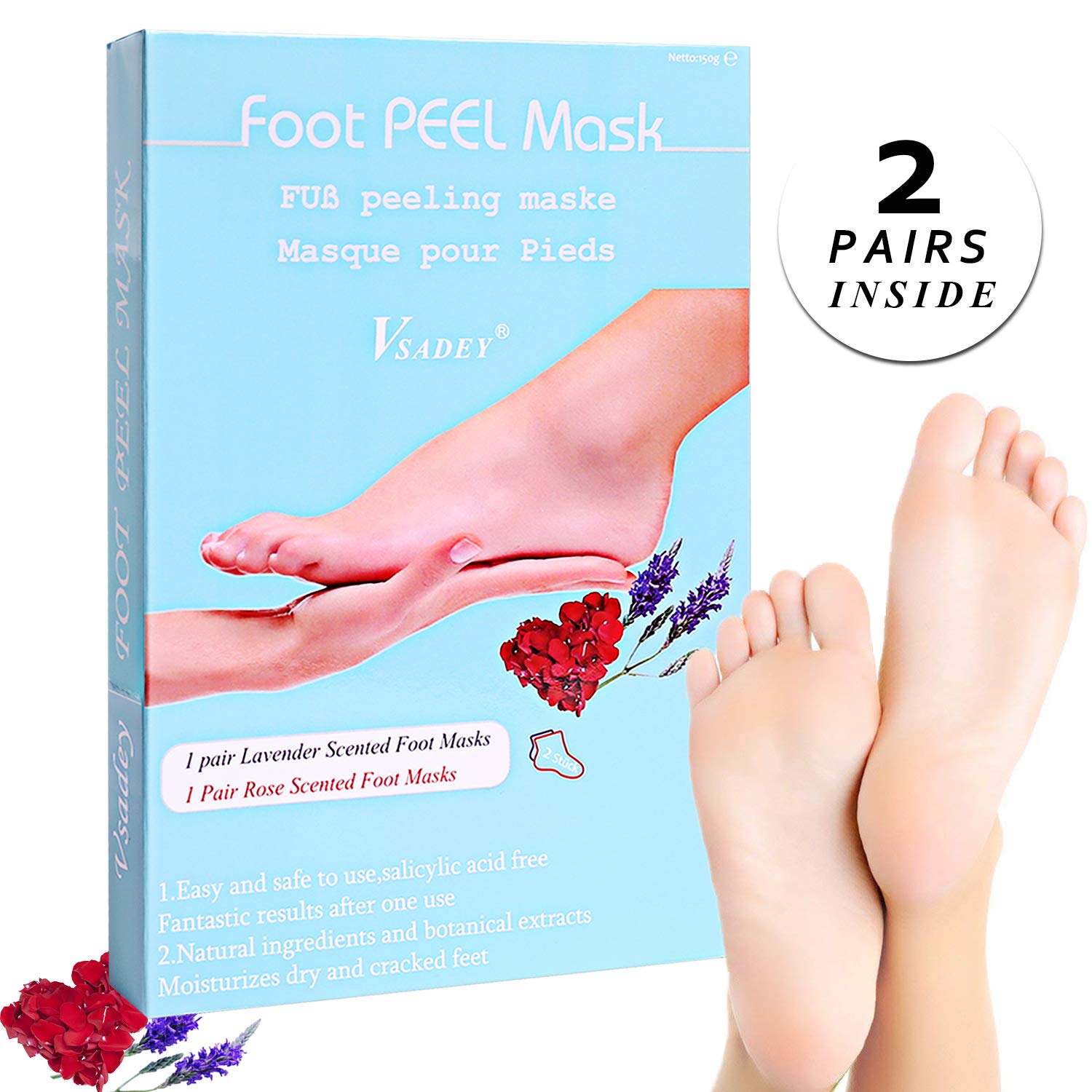 VSADEY Maschera Piedi Esfoliante, Foot Mask, Exfoliating Foot Peeling Mask Idratante, Maschera Esfoliante, Rimuovere Calli, la Pelle Morta e Odore Piedi - 2 Paia (Lavanda e Rosa)