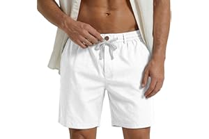 Mens Linen Shorts Casual Elastic Waist Drawstring 7 Inch Shorts with Pockets Lightweight Summer Vacation Beach Clothes