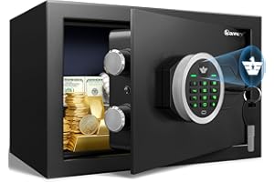 Kavey [2024 NEW] 0.5 Cub Fireproof Safe Box, Small Safe with Digital Keypad and Dual Alarm System, Money Safe With Mute Function and LED Light, Safe with Removable Shelf, Safe for Money Valuables