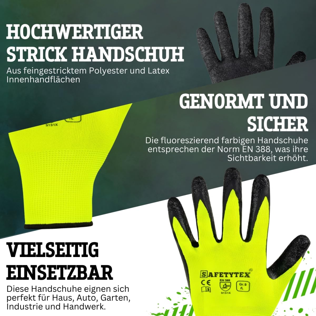 Safetytex 24 Paar Arbeitshandschuhe - Montagehandschuhe mit Latex Beschichtung - neongelbe Handschuhe - Schutzhandschuhe für Haus, Garten, Industrie und Handwerk - Größe 11 3