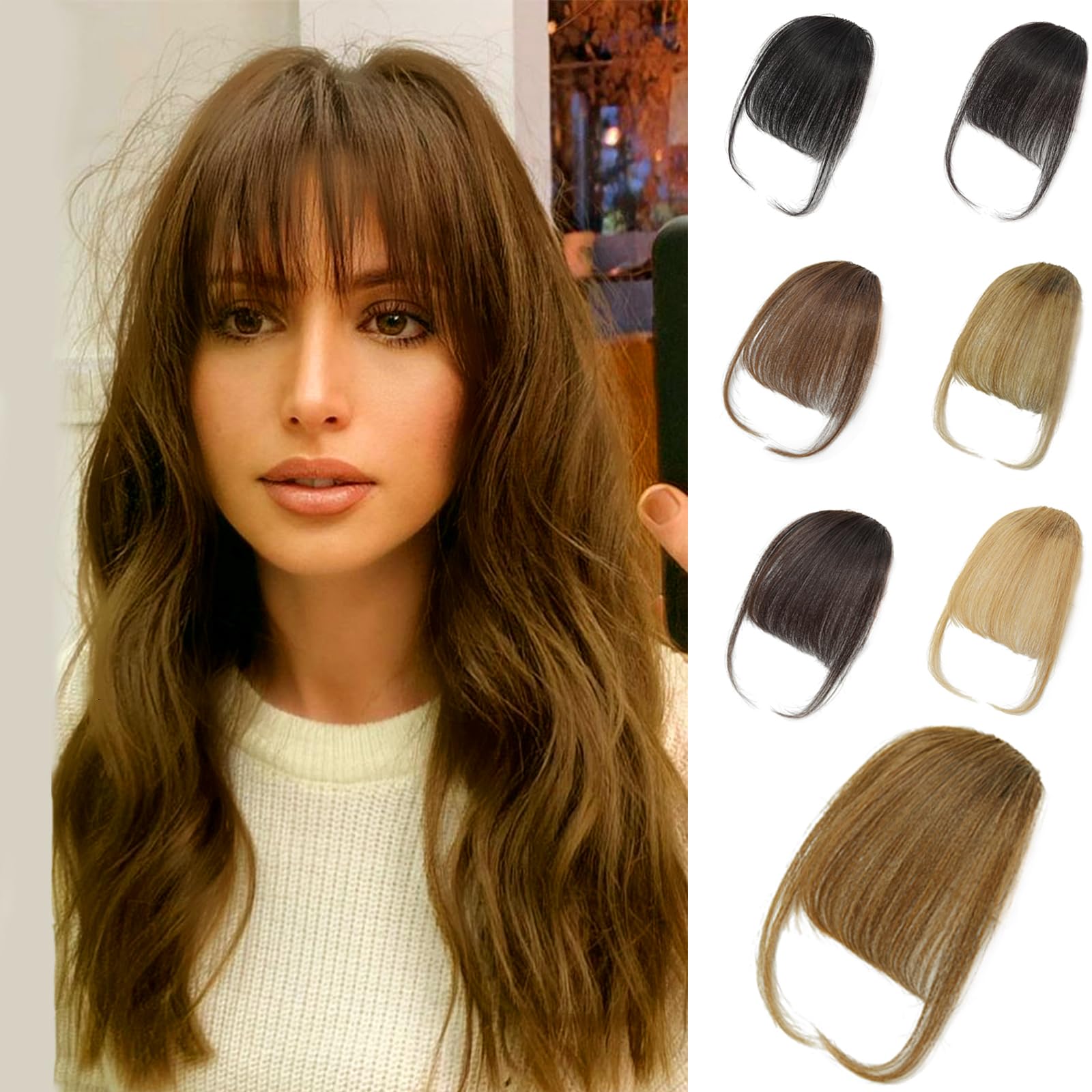 Photo 1 of GHDXIWEYU Human Hair Clip in Bangs,Women Air Thinning Curtain Flat Medium Brown Bangs, Natural Curved Wispy Bangs,Real Human Hair Extensions Faux Bangs for Daily Wear(Wispy Bangs,Medium Brown)