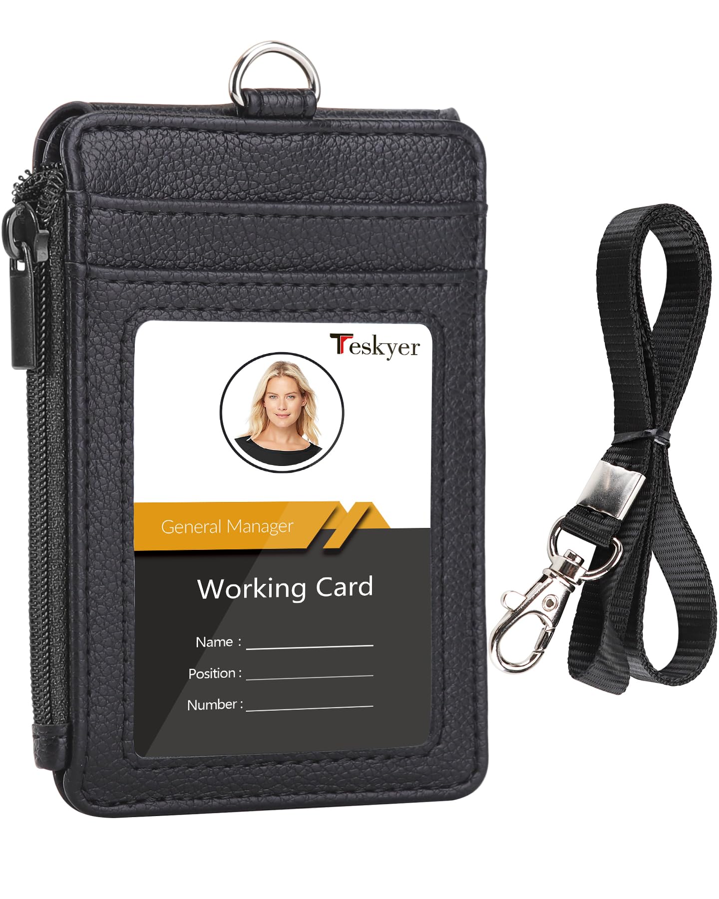 Teskyer Badge Holder with Lanyard, Slim Credit Card Wallets, Card Holder with Zipper Pocket, 1 ID Window, Holds up to 4 Cards, PU Leather, Black