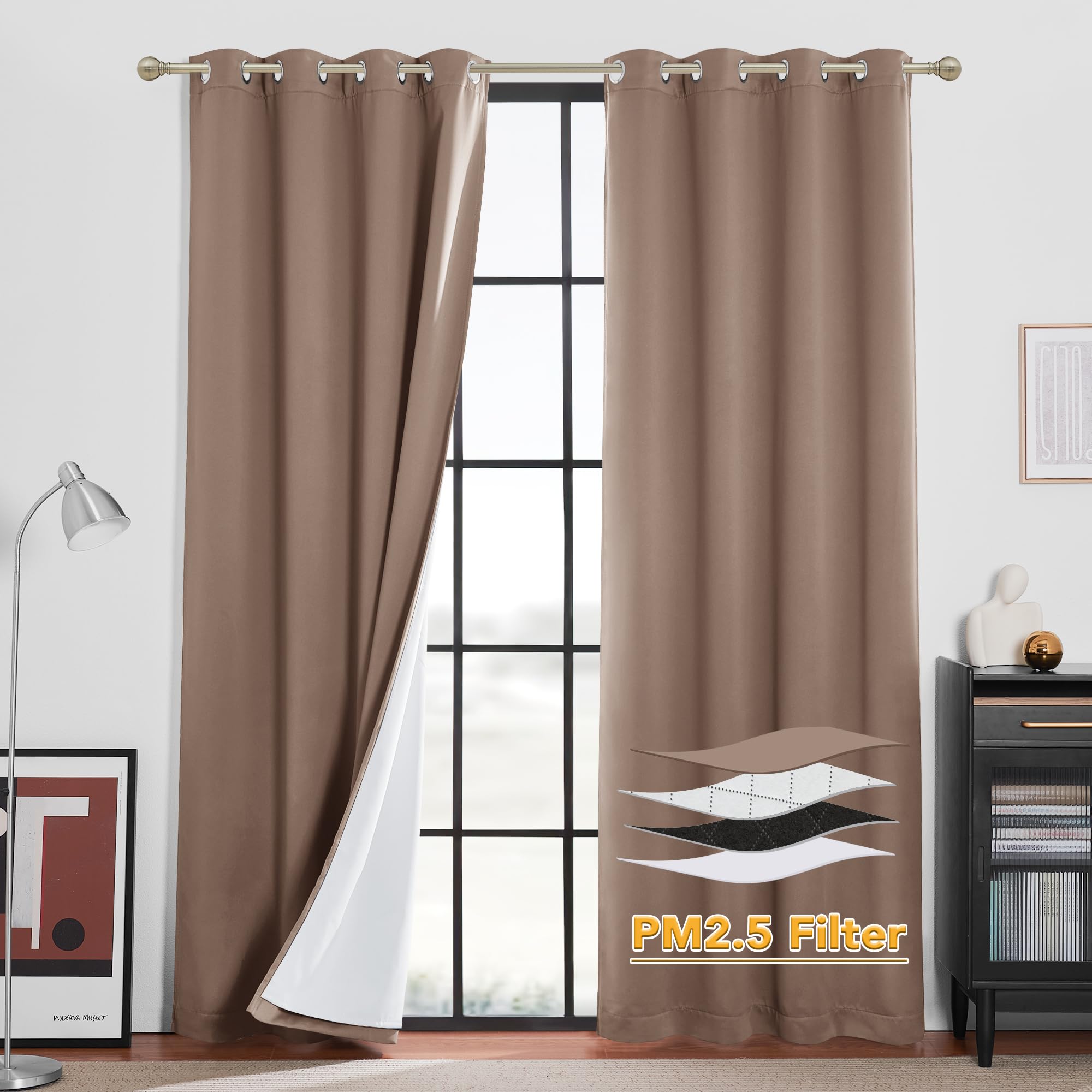 Photo 1 of RYB HOME Soundproof & Dust Particle Filtering Curtains Blackout Window Treatment for Bedroom Living Room Divider Nursery Daytime Sleeping Patio Door, Mocha, W52 x L 108 inch, 2 Panels