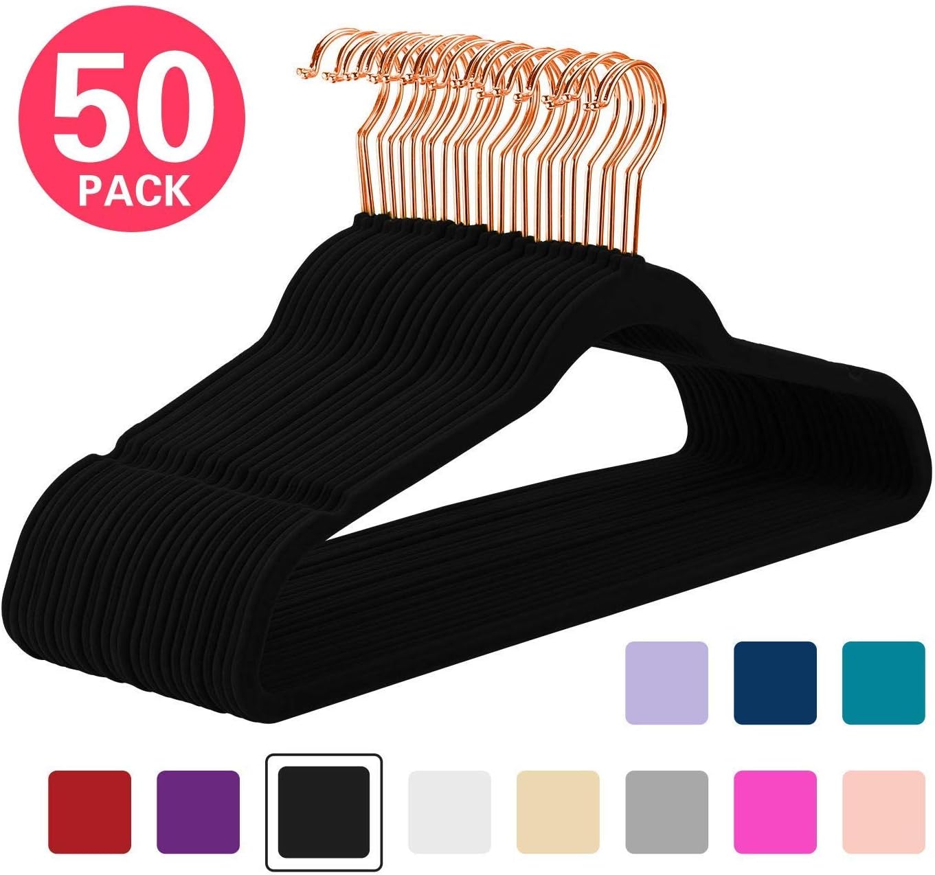 Tecnostyl Premium Velvet Hangers Rose Gold Swivel Hooks - Felt Hangers-HeavyDuty Non Slip Sturdy Suit Hangers- 50 Pack for Skirts Coats (Black/Rose) (Rose Gold Hangers/Velvet Hangers 20 Pack)