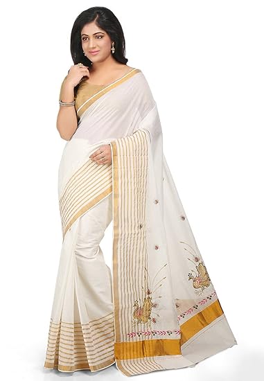 Zari border peacock embroidery Cotton Kasavu Saree with Blouse