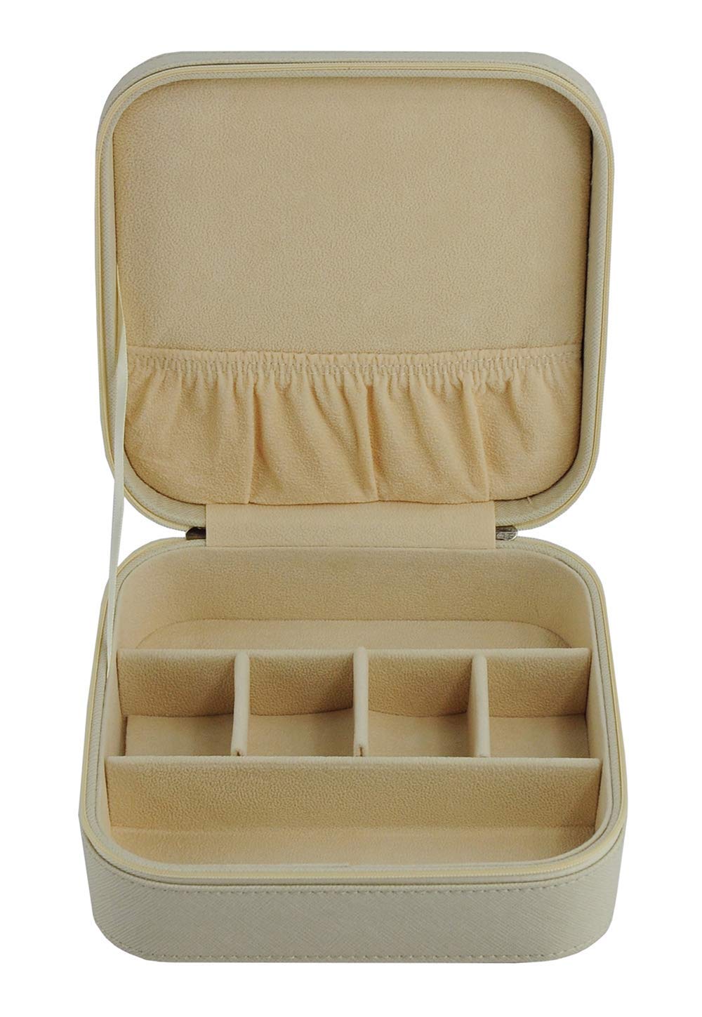 TIMELYBUYS Beige Saffiano 3 Compartment Sunglass Case Jewelry Box Travel Storage Organizer with Pocket Holds Glasses, Rings, Earrings, Necklaces, and Accessories