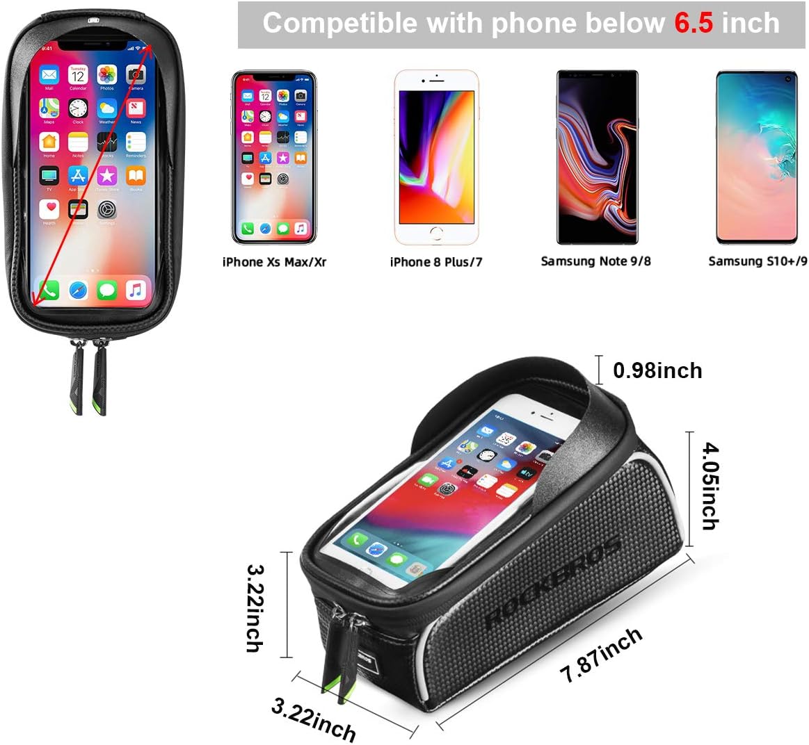 Bike Phone Front Frame Bag Bicycle Bag Waterproof Bike Phone Mount Top Tube Bag Bike Phone Case Holder Accessories Cycling Pouch Compatible with iPhone 11 XS Max XR Fit 6.5”