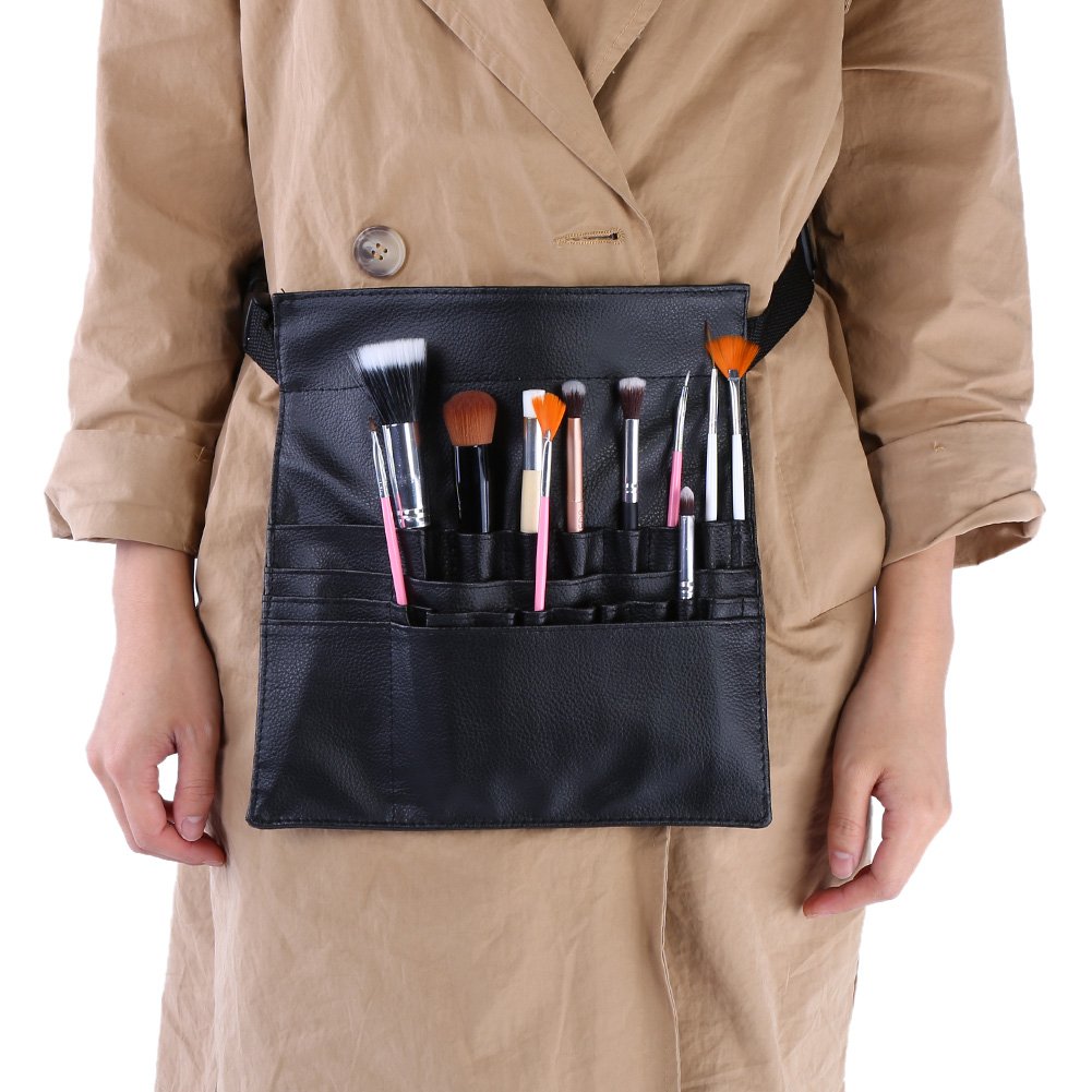 Wincal Makeup Brush Bag, Professional Makeup PU Leather Cosmetic Makeup Brushes Holder Organizer with Belt Strap, Makeup Brush Belt Pouch Waist Bag Case Pouch for Beauticians (Black)