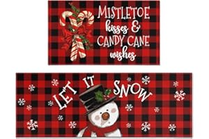 Xsinufn Buffalo Plaid Snowman Christmas Kitchen Rugs and Mats Set 2 Piece for Floor,Let It Snow Xmas Winter Holiday Non Skid Low-Profile Sink Rug Mat Decorations for Home Kitchen 18"x48"+18"x30"
