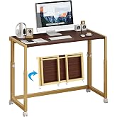 JSB 33.2" Folding Adjustable Desk for Small Spaces,Mobile Portable Rolling Laptop PC Table on Wheels,Foldable Computer Desk for Home Office,Bedroom,Space Saving Black Walnut