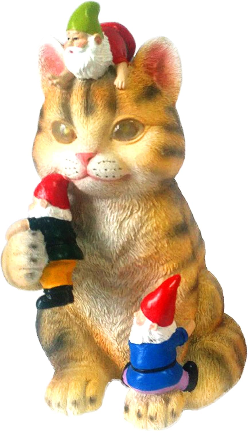 CAT GARDEN GNOME STATUE, Solar Powered Funny Garden Gnomes, Cute Cat Gift, Kitty Gnome Sculpture