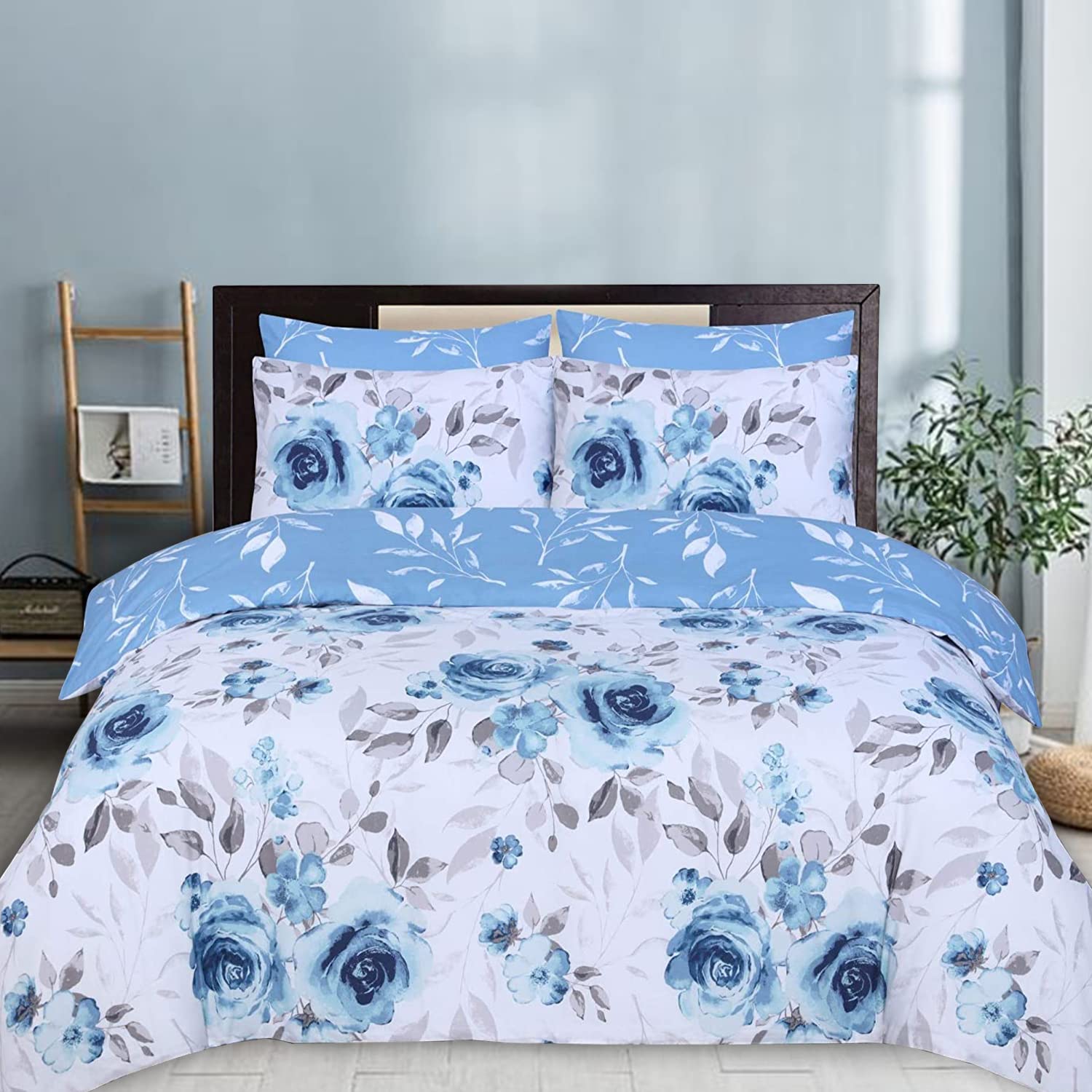 DTEX HOMES Double Duvet Set 100% Pure Cotton Reversible Printed Hotel Quality Duvet Cover Ultra Soft Easy Care double bedding Set Super Soft and Luxury Duvet Cover Sets (Roses Blue)