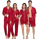 SWOMOG Matching Pajamas Sets for Couples 4 Pcs Silk Satin Pjs Sets Women & Men Button-Down Sleepwear Soft Loungewear