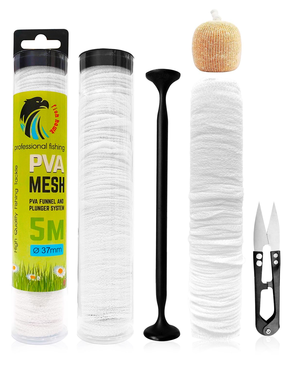 5M PVA Mesh Carp Fishing 37mm Wide Fishing Accessories Kit Include Funnel Plunger & Scissors Fast Melt PVA Mesh Bags Refill for Boilie Feeding Bait