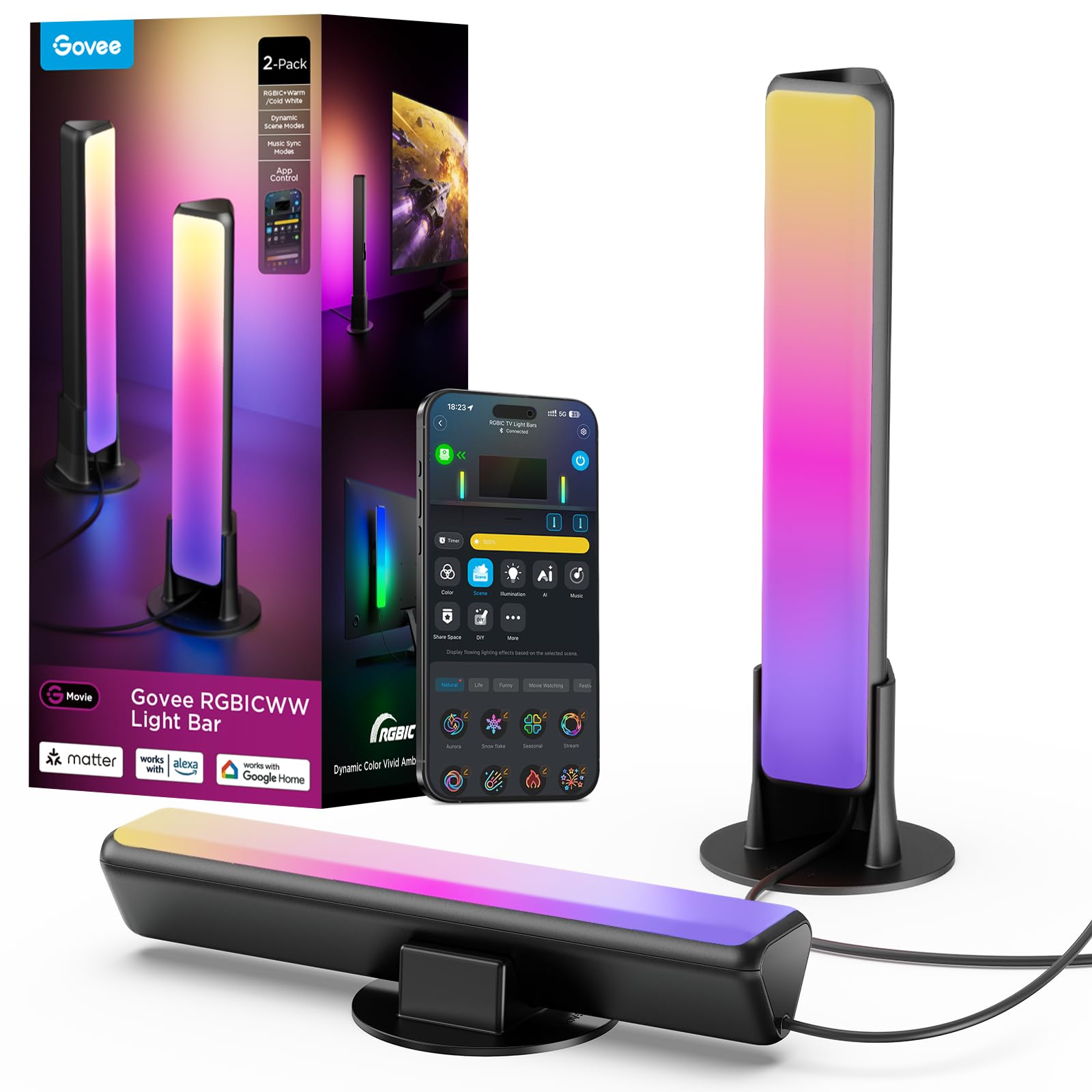 Govee Barra de luz inteligente, luces de TV RGBICWW para sala de estar, juegos, negro