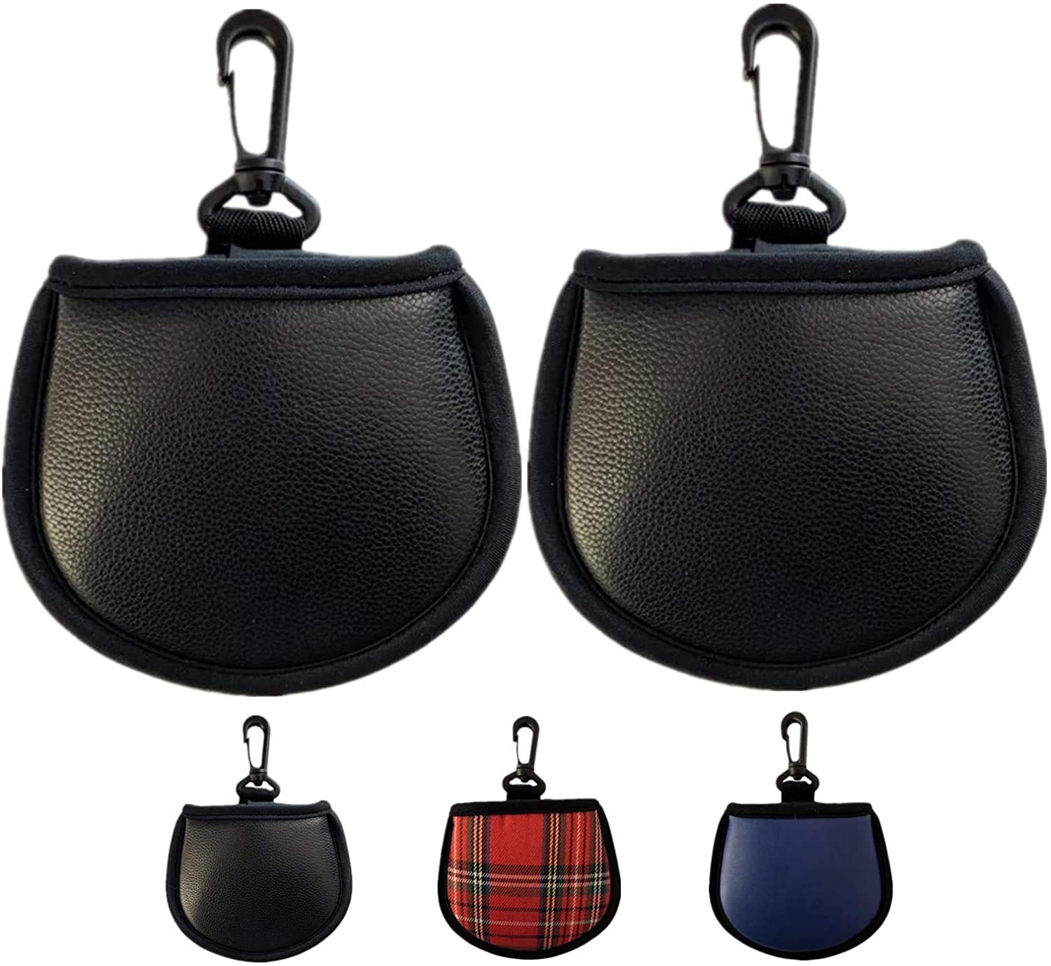 Golf Ball Cleaner Pouch with Hanging Belt Clip Value 2 Pack, Golf Accesorry Ball Washer Pocket bag Dry-Clean Waterproof Plaid for Men Ladies fit Golf Cart Belt Bag (Black)