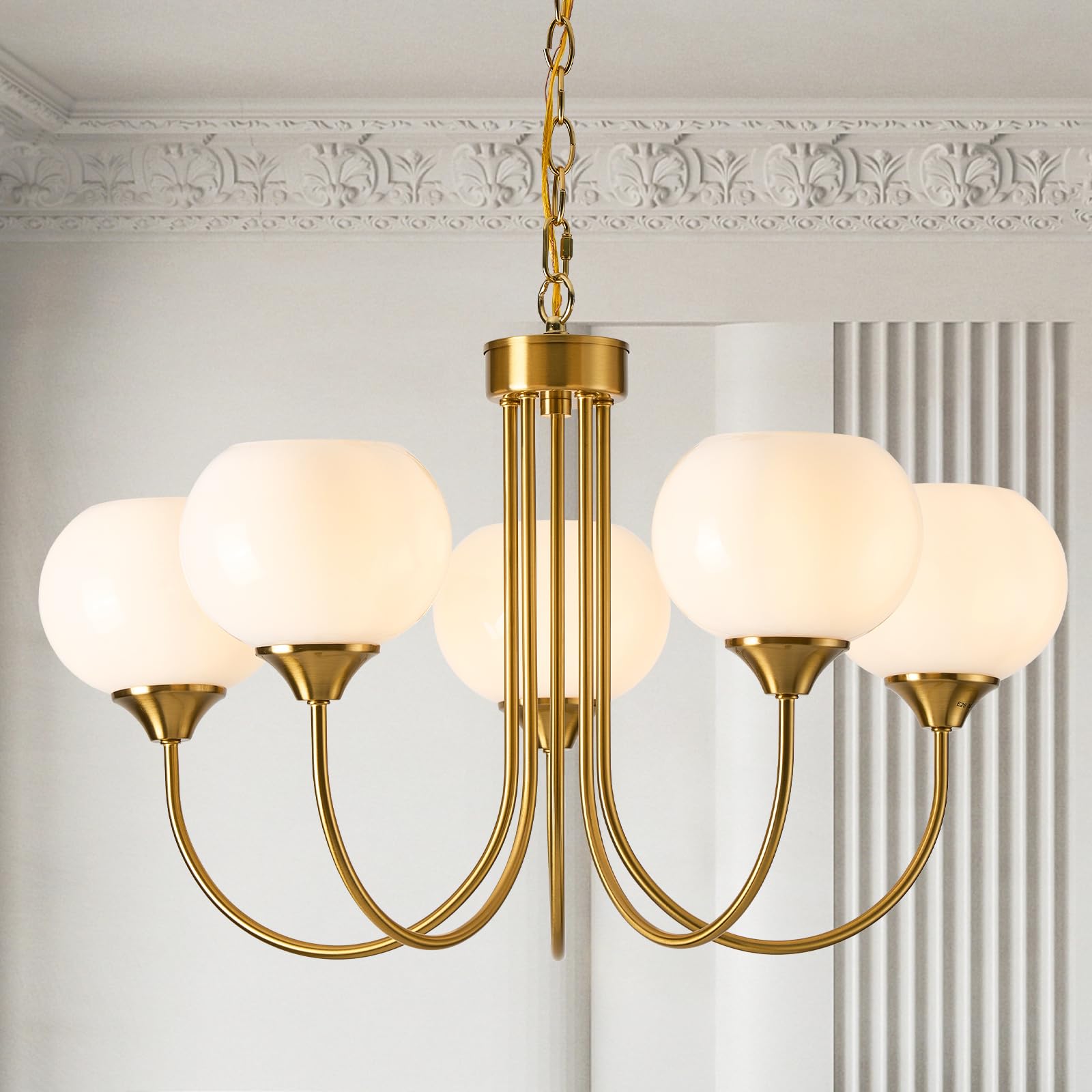 Photo 1 of FEAZAC Modern Globe Chandelier 5 Light Mid Century White Milk Glass Vintage Sputnik Hanging Chandeliers Gold Pendant Light Fixtures for Dining Room Kitchen Living Room Bedroom