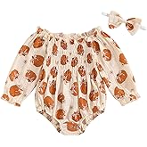 Socutebabe Newborn Pumpkin Outfit Infant Baby Girl Halloween Clothes Ruffle Long Sleeve Bubble Romper Bodysuit Fall Outfits