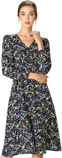 Amazon Allegra K 花柄 ワンピース Vネック ミモレ丈 ミディドレス 長袖 ウェストゴム レディース ダークブルー Xs ワンピース チュニック 通販
