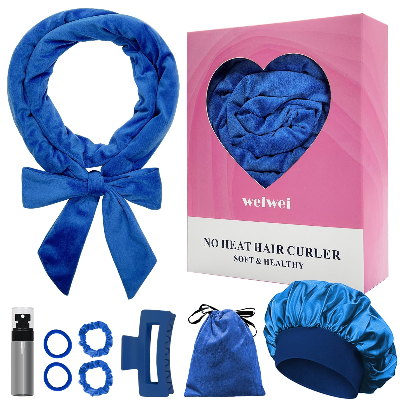 weiwei Heatless Curlers Headband, Heatless Overnight Curls Hair Curlers No Heat, 70" Soft No Heat Hair Curlers, 9 PCS Curling Rods Gift Set for Women Long Wave Hair Volume -Blue