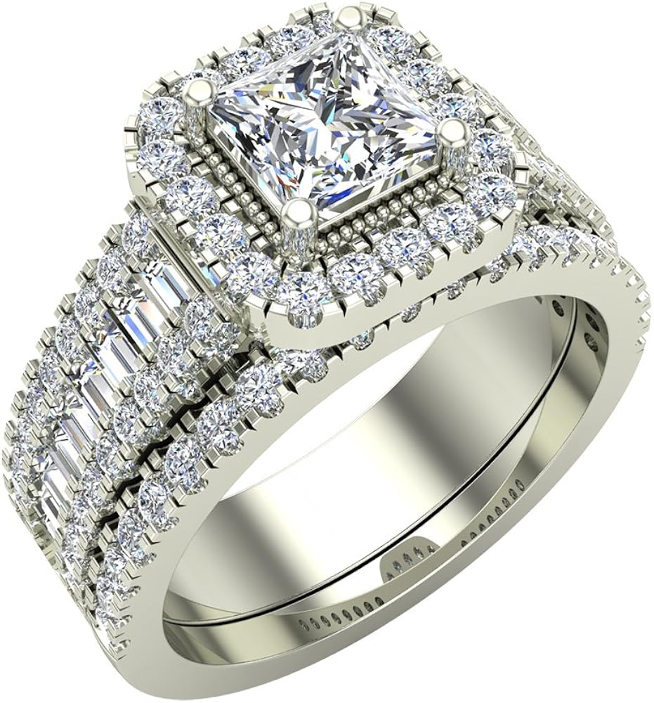 Stunning Princess Cushion Halo Diamond Wedding Ring Set 1.60 ctw 14K Gold (G,I1)