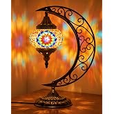 Hortsun Turkish Lamp Moon Shaped Moroccan Lamp Turkish Mosaic Stained Glass Table Light with Bronze Base Colorful Moroccan Globe Light for Decorative Home Designs