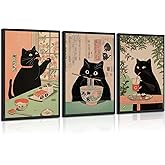 ZPJLRFC 3Pcs Japanese Vintage Black Cat Wall Art Cute Black Cat Eating Ramen Sushi Wall Decor Print Artwork Funny Animal Food Painting Pictures for Kitchen Dining Room Decoration 16x24In Unframed