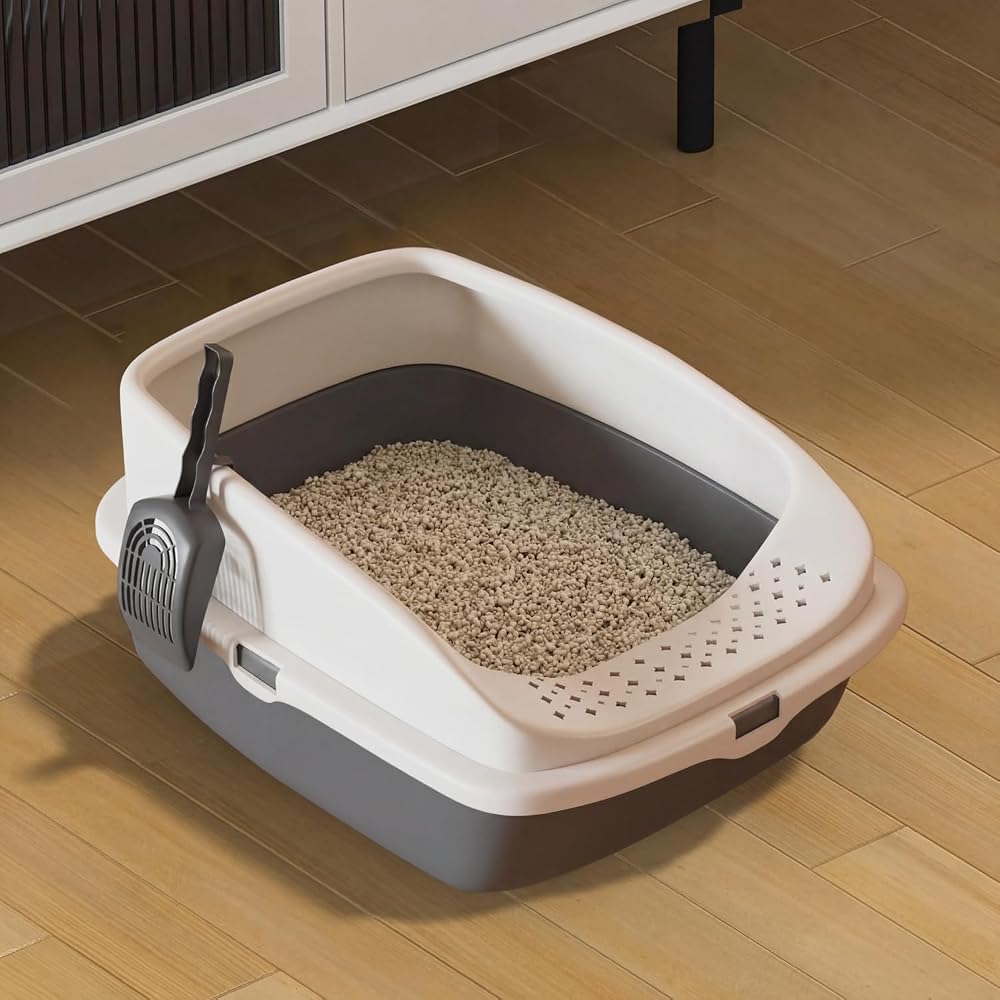 Vivo Technologies Cat Litter Tray Box Open Top with Free Scoop Dark Grey