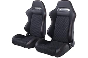 SEHAONOHOME Automotive Racing Sports Seats for Cars, 2PCS Universal PVC Leather with Suede Reclinable Racing Bucket Seats with Dual Sliders, Black with Red Stitching