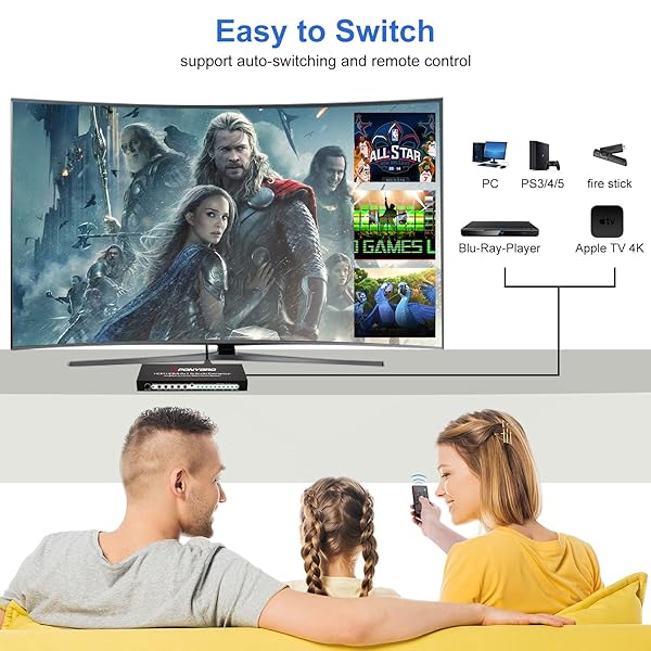 PONYBRO HDMI 2.0 SWITCH 4 PORT WITH AUDIO EXTRACTOR – 4K@60HZ HDR10, OPTICAL/AUX/ARC AUDIO OUTPUT, AUTO-SWITCHING FOR PS5/XBOX/SOUNDBAR, DOLBY DIGITAL & DTS SUPPORT, REMOTE INCLUDED.