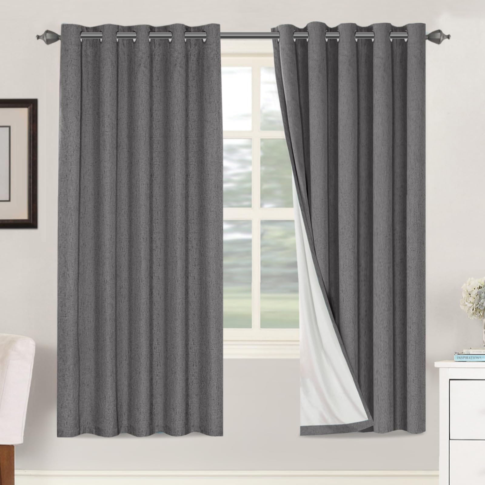 BellaHills 100% Blackout Curtains Linen Textured Blackout Curtains for Bedroom Full Light Blocking Thermal Insulated Curtain Panels Energy Saving with White Liner, 2 Panels, 66 x 72 Inch, Grey