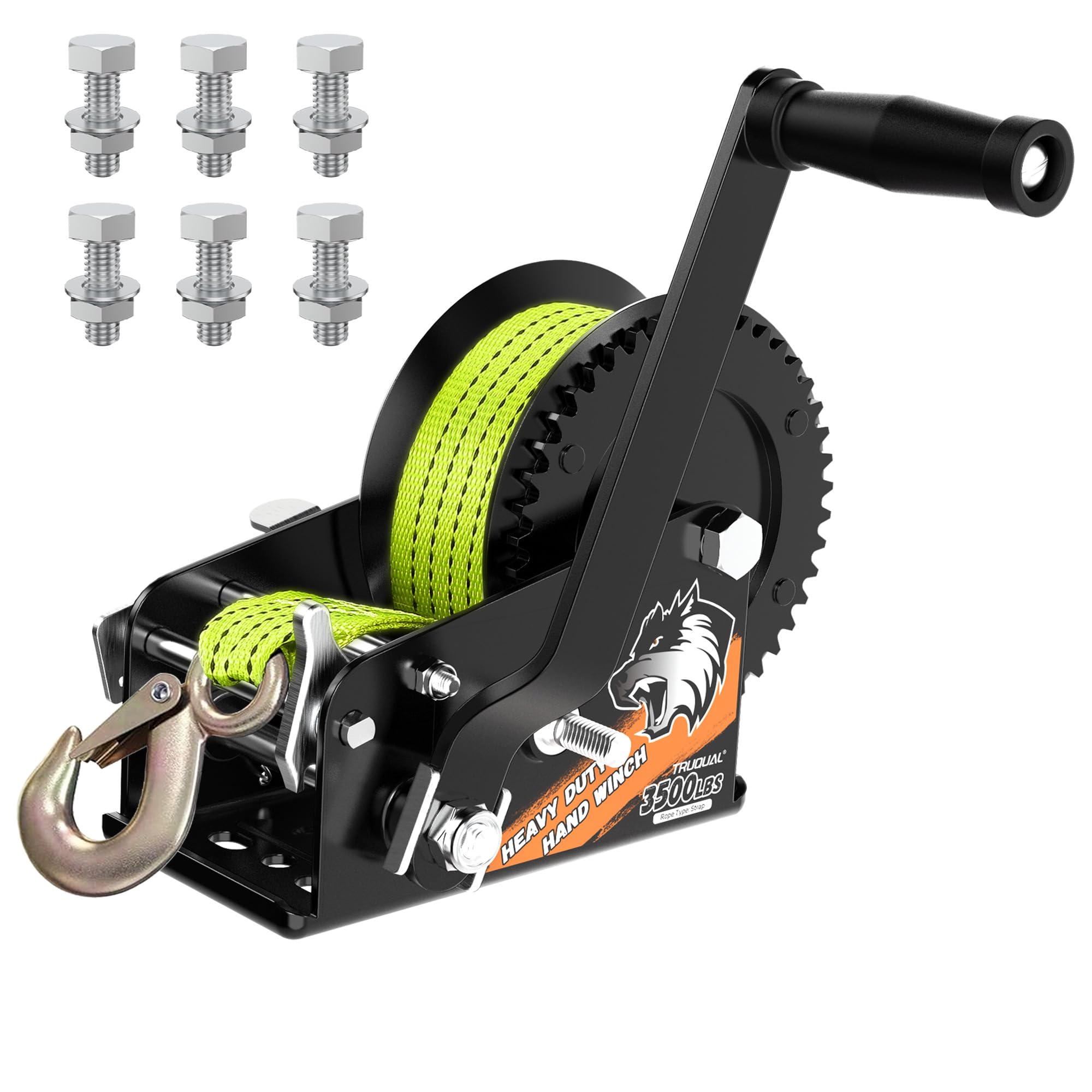 Photo 1 of Truqual 3500LB Boat Trailer Winch, Heavy Duty Boat Winches for Trailers with 33FT Green Strap, 2 Speed Ratchet 4:1/8:1 Gear, Manual Trailer Winch for Towing Boats, Trucks, Jet Skis, RVs, and ATVs