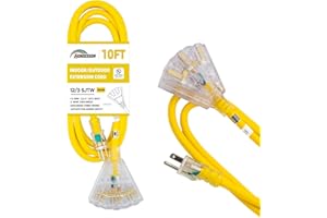 HONDERSON 10 FT Lighted Outdoor Extension Cord with 3 Power Outlets,12/3 SJTW Heavy Duty Yellow Extension Cable with 3 Prong Grounded Plug for Safety,UL Listed